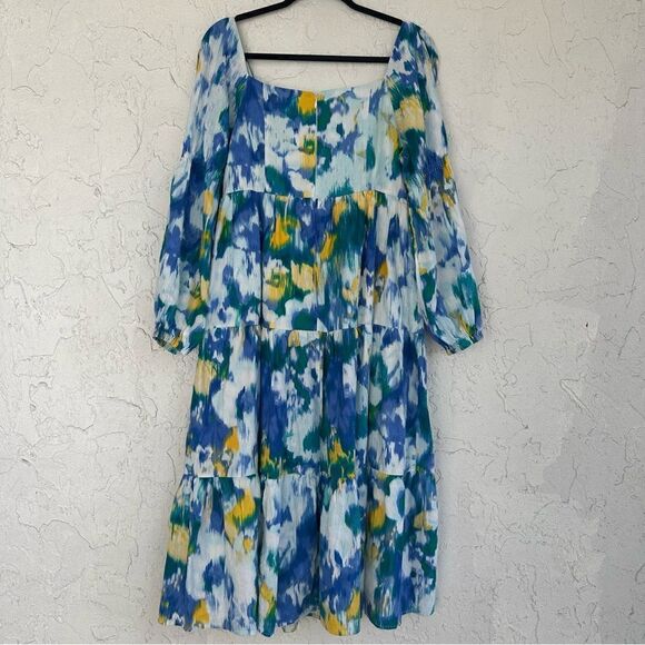 DONNA MORGAN Linen Floral Midi Dress 10 Puff Sleeve Square Neck Bohemian Prairie - Picture 11 of 11